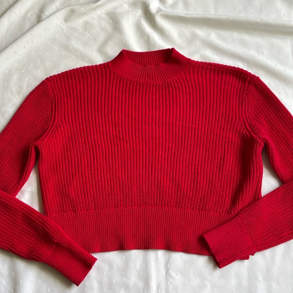 Lottie Moss Cherry Red Mock Neck Cropped Sweater